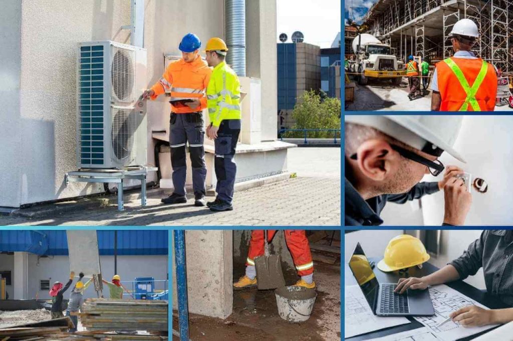 Collage showing construction and electrical professionals at work, including HVAC technicians, electricians, engineers, and concrete workers on site.
