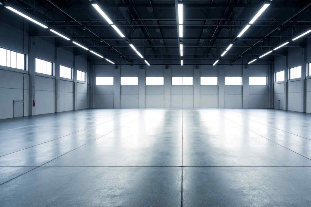 Interior of a large industrial warehouse with polished concrete flooring, high ceilings, and bright overhead fluorescent lighting.